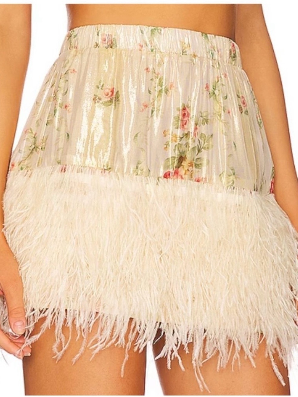 LoveShackFancy Gold and Cream Floral Dress with Pink Accents
